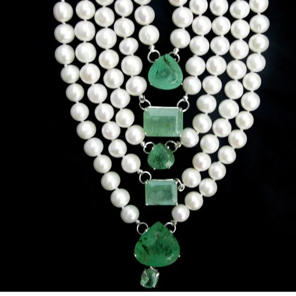 New Huge 14k gold 5 strand 10mm cultured pearl & 101.76 carat Emerald bracelet - Picture 8 of 12